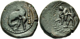 SICILY. Panormos. 2nd-1st century BC. Semis (Bronze, 20 mm, 6.56 g, 5 h). [L. CA] Herakles standing to right, wrestling the Nemean lion; in the field ...