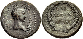 MOESIA INFERIOR. Callatis. Nero, 54-68. (Bronze, 23.5 mm, 6.74 g, 12 h), c. 54-58/9. NERO CAESAR AVG IMP Bare head of Nero to right. Rev. ΚΑΛ/ΛΑΤΙΑ/Ν ...