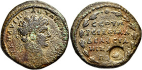 BITHYNIA. Nicaea. Caracalla, 198-217. (Bronze, 26.5 mm, 11.88 g, 12 h), countermarked on the reverse, c. 206. AYT K M AYPH ANTWNЄINOC Laureate head of...