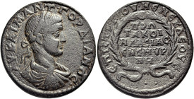 IONIA. Smyrna. Gordian III, 238-244. Hexassarion (Bronze, 35 mm, 23.92 g, 6 h), struck under the strategos Gaius Iulius Menekles. ΑΥ ΚΑΙ Μ ΑΝΤ ΓΟΡΔΙΑΝ...