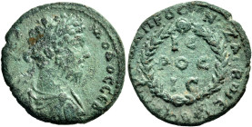 CILICIA. Anazarbus. Commodus, 177-192. (Bronze, 21 mm, 4.76 g, 1 h), year BC = 200 = 181/2. MAP AY ΚΟΜΟΔΟC CЄB Laureate, draped and cuirassed bust of ...