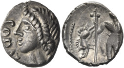 CENTRAL GAUL. Aedui. Circa 60-50 BC. Quinarius (Silver, 14 mm, 1.57 g, 6 h), Lucios. LVCIOS Laureate head of Apollo to left. Rev. Warrior standing fac...