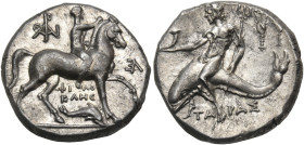 CALABRIA. Tarentum. Circa 240-228 BC. Didrachm or nomos (Silver, 18.5 mm, 6.33 g, 10 h), struck under the magistrates Philokles, Le..., and Arn.... Nu...