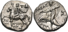 CALABRIA. Tarentum. Circa 240-228 BC. Didrachm or nomos (Silver, 18 mm, 6.55 g, 9 h), struck under the magistrate Xenokrates. Armoured military leader...
