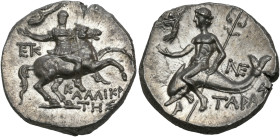 CALABRIA. Tarentum. Circa 240-228 BC. Didrachm or nomos (Silver, 20 mm, 6.56 g, 8 h), struck under the magistrates Kallikrates, Epik... and Ne.... Bar...