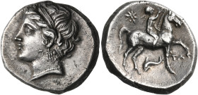 CALABRIA. Campano-Tarentine. Circa 281-228 BC. Nomos (Silver, 20 mm, 7.06 g, 11 h). Diademed head of Satyra to left, wearing triple-pendant earring an...