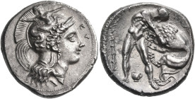 LUCANIA. Herakleia. Circa 390-340 BC. Nomos (Silver, 21.5 mm, 7.18 g, 4 h). Head of Athena right, wearing crested Attic helmet ornamented with Skylla ...