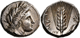 LUCANIA. Metapontum. Circa 330-290 BC. Nomos (Silver, 19.5 mm, 7.76 g, 2 h). Head of Demeter to right, wearing wreath of grain and triple-pendant earr...