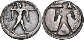 LUCANIA. Poseidonia. Circa 530-500 BC. Stater (Silver, 31 mm, 7.47 g, 12 h). ΠOM (retrograde) Poseidon, nude save for a chlamys draped over his should...