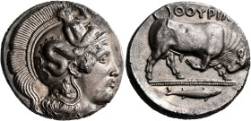 LUCANIA. Thourioi. Circa 400-350 BC. Distater (Silver, 26 mm, 15.49 g, 6 h), signed on the reverse by the engraver Istoros. Head of Athena to right, w...