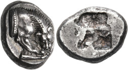 LUCANIA. Velia. Circa 535-510 BC. Drachm (Silver, 15 mm, 3.89 g). Forepart of lion to right, head facing, devouring prey. Rev. Rough incuse square. HN...