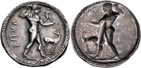 BRUTTIUM. Kaulonia. Circa 500-480 BC. Nomos (Silver, 30 mm, 8.51 g, 12 h). KAVΛ Apollo, nude, advancing to right, brandishing a laurel branch held in ...