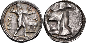 BRUTTIUM. Kaulonia. Circa 525-500 BC. Nomos (Silver, 29.5 mm, 7.77 g, 12 h). KAVΛ Apollo, nude, advancing to right, brandishing a laurel branch held i...