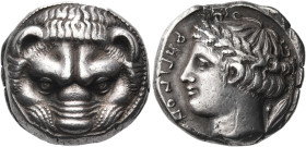 BRUTTIUM. Rhegion. Circa 415/10-387 BC. Tetradrachm (Silver, 22.5 mm, 17.34 g, 12 h). Lion's mask facing. Rev. PHΓINON Laureate head of Apollo to left...