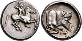SICILY. Gela. Circa 490/85-480/75 BC. Didrachm (Silver, 20 mm, 8.49 g, 1 h). Bearded horseman, nude, riding to right, brandishing a spear held in his ...