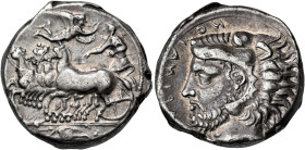 SICILY. Kamarina. Circa 425-405 BC. Tetradrachm (Silver, 21.5 mm, 17.04 g, 2 h). Athena, helmeted and wearing long robes, driving quadriga galloping t...