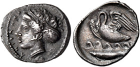 SICILY. Kamarina. Circa 410-405 BC. Litra (Silver, 12.5 mm, 0.87 g, 2 h). ΚΑΜΑΡΙΝΑ Head of the nymph Kamarina to left, wearing sphendone decorated wit...