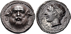 SICILY. Katane. Circa 410-405 BC. Drachm (Silver, 16.5 mm, 3.68 g, 8 h). Facing head of bald and bearded Silenos with pointed ears. Rev. ΚΑΤΑΝΑΙΩΝ Hea...