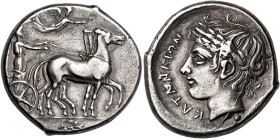 SICILY. Katane. Circa 415-412 BC. Tetradrachm (Silver, 27 mm, 17.19 g, 2 h), engraved by the "Master of the Leaf". Slow biga to right, driven by beard...