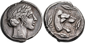 SICILY. Leontini. Circa 450-440 BC. Tetradrachm (Silver, 26.5 mm, 17.55 g, 6 h). Laureate head of Apollo to right. Rev. LEONTINON Head of a roaring li...
