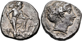 SICILY. Segesta. Circa 405-400 BC. Tetradrachm (Silver, 27.5 mm, 16.26 g, 2 h). ΣΕΓΕΣΤΑΙΩΝ The hunter Aigestes, nude but for cloak over his left arm, ...