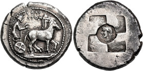 SICILY. Syracuse. Early Tyrannies, circa 505-490 BC. Tetradrachm (Silver, 28.5 mm, 17.15 g, 9 h). ϞVRΑϘΟ / ϞΙΟΝ Male charioteer, holding the reins in ...