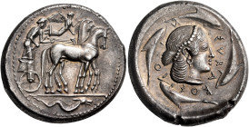 SICILY. Syracuse. Second Democracy, 466-405 BC. Tetradrachm (Silver, 27 mm, 17.26 g, 5 h). Slow quadriga right, driven by youthful male charioteer, ho...