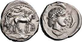 SICILY. Syracuse. Second Democracy, 466-405 BC. Tetradrachm (Silver, 28 mm, 17.14 g, 9 h), struck circa 466-460. Charioteer driving quadriga walking t...