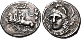 SICILY. Syracuse. Second Democracy, 466-405 BC. Tetradrachm (Silver, 28 mm, 17.11 g, 11 h), signed by Eukleidas, 413-399. Fast quadriga to left, drive...