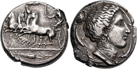 SICILY. Syracuse. Second Democracy, 466-405 BC. Tetradrachm (Silver, 26 mm, 17.32 g, 3 h). Fast quadriga to left, driven by Persephone, holding a torc...