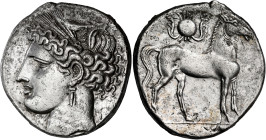 CARTHAGE. First Punic War. Circa 264-241 BC. Hexadrachm (Silver, 34 mm, 24.61 g, 12 h), struck in good silver, not billon, Carthage. Head of Tanit to ...