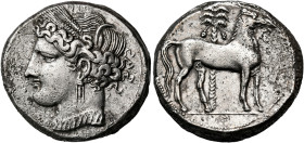 CARTHAGE. First Punic War. Circa 264-241 BC. Tridrachm (Silver, 23.5 mm, 12.17 g, 12 h), struck in good silver, not billon, Carthage. Head of Tanit to...