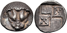 CIMMERIAN BOSPOROS. Pantikapaion. Circa 450-438/7 BC. Diobol (Silver, 13 mm, 1.73 g, 12 h). Head of a lion facing. Rev. Quadripartite incuse square wi...