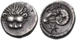 CIMMERIAN BOSPOROS. Pantikapaion. Circa 390-380 BC. Hemiobol (Silver, 7 mm, 0.36 g, 4 h). Lion's scalp facing. Rev. ΠΑΝ Head of ram to left; below, st...