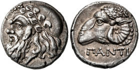 CIMMERIAN BOSPOROS. Pantikapaion. Circa 380-370 BC. Diobol (Silver, 12 mm, 1.86 g, 11 h). Head of Silenos to left, bald, bearded and wearing an ivy wr...