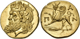 CIMMERIAN BOSPOROS. Pantikapaion. Circa 340-325 BC. Stater (Gold, 20.5 mm, 9.11 g, 11 h). Head of Pan to left, wearing a wreath of ivy. Rev. Π-Α-Ν Gri...