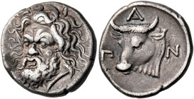 CIMMERIAN BOSPOROS. Pantikapaion. Circa 340-325 BC. Drachm (Silver, 16 mm, 3.50 g, 7 h). Head of bearded satyr facing slightly to left. Rev. Π-Α-Ν Ox ...