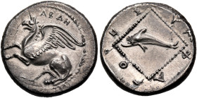 THRACE. Abdera. Circa 411/10 - 386/5 BC. Tetrobol (Silver, 16 mm, 2.37 g, 12 h), struck under the magistrate Nymphagores. ΑΒΔΗ Griffin crouching to le...