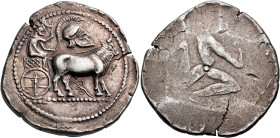 THRACO-MACEDONIAN TRIBES, Derrones. Circa 480-465 BC. Dodekadrachm (Silver, 36 mm, 31.19 g). Bearded male figure, wearing kausia and light robes, driv...