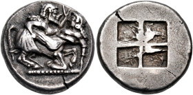 THRACO-MACEDONIAN TRIBES, Orreskioi. Circa 500-480 BC. Stater (Silver, 20 mm, 8.98 g). Centaur galloping to right, carrying off nymph whose right hand...