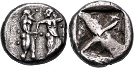 THRACO-MACEDONIAN REGION. Berge (”Lete”). Circa 500 BC. Stater (Silver, 21 mm, 9.60 g). Nude Satyr standing right, grasping the right hand of a nymph ...