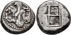 THRACO-MACEDONIAN TRIBES, Uncertain. Circa 510-490 BC. Stater (Silver, 17.5 mm, 8.19 g). Foreparts of a winged horse (Pegasos?) and a winged lion conj...