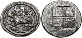MACEDON. Akanthos. Circa 478-465 BC. Tetradrachm (Silver, 27 mm, 17.48 g). Lion to right, attacking bull, collapsing to left with head raised and turn...
