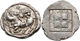 MACEDON. Akanthos. Circa 460-430 BC. Tetradrachm (Silver, 32 mm, 17.34 g, 8 h). Lion to right, attacking bull collapsing to left; above, ivy leaf. Rev...