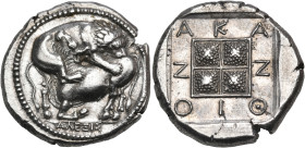 MACEDON. Akanthos. Circa 380-350 BC. Tetradrachm (Silver, 25.5 mm, 14.25 g, 5 h), struck under the magistrate Alexis. ΑΛΕΞΙΣ Lion leaping to right, at...