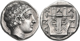 MACEDON, Chalkidian League. Olynthos. Circa 383-379 BC. Tetradrachm (Silver, 24.5 mm, 14.29 g, 6 h). Laureate head of Apollo to right. Rev. X-A-Λ-KIΔ-...