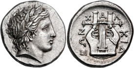 MACEDON, Chalkidian League. Olynthos. Circa 358-355 BC. Tetradrachm (Silver, 25 mm, 14.44 g, 11 h). Laureate head of Apollo to right. Rev. X-A-Λ-KIΔ-E...