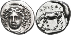 THESSALY. Larissa. Early to mid 4th Century BC. Drachm (Silver, 20 mm, 6.24 g, 12 h), "early facing head" drachm series. Head of the nymph Larissa thr...