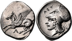 AKARNANIA. Leukas. Circa 400-375 BC. Stater (Silver, 23.5 mm, 8.41 g, 12 h). Λ Pegasos flying to left. Rev. ΛΕY Head of Athena to left, wearing Corint...