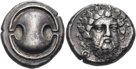 BOEOTIA. Thebes. Circa 405-395 BC. Stater (Silver, 22 mm, 11.91 g). Boeotian shield. Rev. Θ - Ε Bearded head of Dionysos, three-quarters facing, turne...